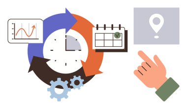 Oklarla çevrili saat, çubuk grafik, takvim, yön gösterme işareti, el ve vitesler iş akışı, verimlilik, planlama hedefi izleme verimliliği ve yönünü gösteriyor. Basit.