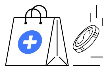 Düşen bir madeni paranın yanında çapraz amblem olan tıbbi çanta sağlık masraflarını, sigortayı ve tıbbi alışverişi temsil ediyor. Finans, sağlık, ecommerce, tasarruflar, harcamalar için ideal daire