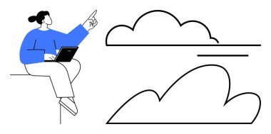 Diz üstü bilgisayarı bulutu işaret eden, bulut depolamayı sembolize eden, teknolojik gelişmeler, ilham, uzak çalışma, yenilik, dijital bağlantılı dünya, basit düz metafor