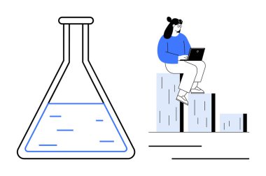 Bilgisayarda çalışan kadın veri grafikleri üzerinde oturuyor, yanında da sıvı dolu bir laboratuvar şişesi var. Bilim, araştırma, teknoloji, eğitim, yenilik, analitik verimlilik için idealdir. Basit düz metafor