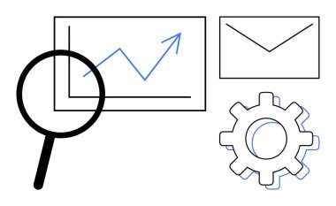 Yukarı doğru grafikte büyüteç, işlem optimizasyonunu sembolize eden dişli ve iletişim için zarf. Analiz, süreç iyileştirme, strateji, iletişim, organizasyon ve iş için ideal