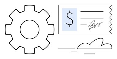 Vites otomasyonu sembolize eder, çek finansal işlemleri temsil eder ve bulut dijital veri depolamayı önerir. Finans, teknoloji, otomasyon, dijital ödemeler, iş akışı, bulut hesaplama için ideal