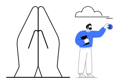 Finansal tabela tutan kişi ve belgeler büyük stilize edilmiş dua eden eller ve bir bulutun yanında duruyor. Finans, inanç, yardım, denge, maneviyat, yatırım, tefekkür için idealdir. Basit düz