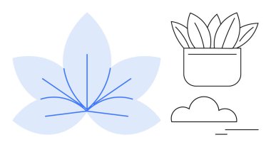 Mavi çizgileri olan sade bir çiçek yapraklı saksı bitkisi, bulut motifi ve minimum vuruş aksanı. Doğa, sağlık, bahçıvanlık, eko-yaşam tarzı rahatlama, organik temalar için idealdir. Temiz