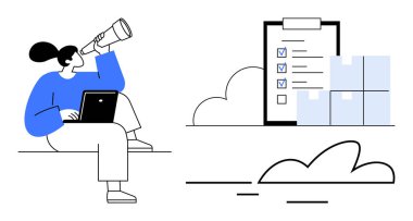 Dizüstü bilgisayarlı ve teleskoplu bir kadın pano kontrol listesine, kutulara ve soyut bulutlara bakıyor. Planlama, organizasyon, lojistik, strateji, hedef belirleme, görev yönetimi odağı için ideal. Basit.