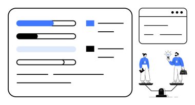 İlerleme çubukları, kontrol listesi arayüzü ve fikir alışverişinde bulunan dengeli insanlar. Üretkenlik, takım çalışması, görev organizasyonu, denge, karar verici dijital iş akışı liderliği için idealdir. Temiz