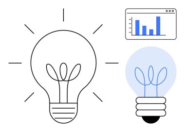 Veri tablosunun yanında ışık saçan ampul içgörü ve büyümeyi sembolize ediyor. Yaratıcılık, analitik, iş stratejisi, liderlik, eğitim, yenilik, takım çalışması için ideal. Basit düz