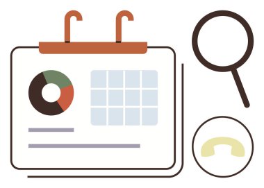 Pasta grafiği, büyüteç ve telefon ahizesi olan bir takvim. Zaman yönetimi, veri incelemesi, araştırma, iletişim, planlama organizasyonu için ideal. Basit düz metafor