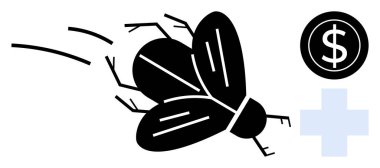 Bir dolar sembolü ve sağlık haçının yanında hareket halinde uçun. Temalar için ideal durum halk sağlığı, ekonomi, haşereler, sağlık maliyetleri, toplumsal sorunlar, tarım, basit düz metafor