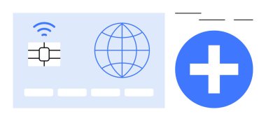 Ödeme kartı, çip ve küresel dünya ikonu, kablosuz sinyal ve mavi dairesel ekleme simgesi. Finans, küresel işlemler, teknoloji, güvenlik, mobil ödemeler, dijital cüzdanlar için ideal