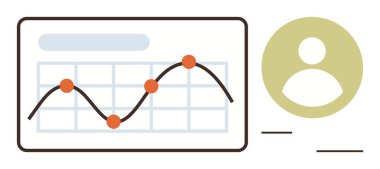 Bir kullanıcı profili simgesinin yanında veri noktaları olan çizgi grafiği. Analiz, izleme, izleme, performans, büyüme, içgörü ve raporlama için ideal. Basit düz metafor