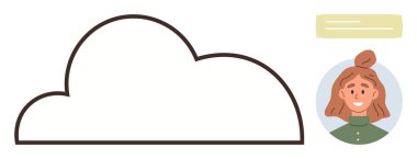 Bulut çizgisi, gülümseyen kadın avatar ve metin tutucu ile eşleştirilmiş, bağlantıyı temsil eden, dijital depolama, çevrimiçi profiller. İletişim, sosyal ağ, işbirliği ve paylaşım için ideal