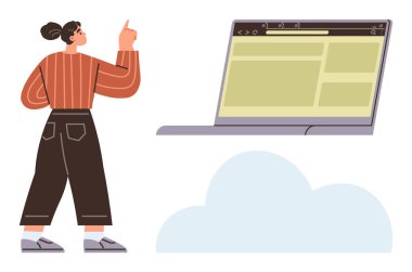 Bulutun üzerinde açık bir tarayıcıyla dizüstü bilgisayarı gösteren bir kadın, çevrimiçi teknolojiyi, bulut hesaplamayı, veri depolamayı, yeniliği, takım çalışmasını, uzaktan çalışmayı ve öğrenmeyi sembolize ediyor. Basit bir düz metafor.