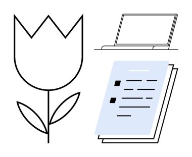 Bir lale, bir dizüstü bilgisayar ve doğa ve teknolojinin uyumunu anlatan belgeler. İş-yaşam dengesi, sürdürülebilirlik, dijital üretkenlik, modern basitlik, eğitim, ekolojik