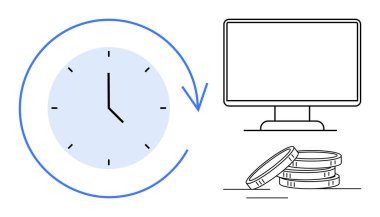 Zaman yönetimini simgeleyen oklu saat, yatırımı temsil eden bozuk paralar ve dijital aktiviteler için bilgisayar. Üretkenlik, finans, teknoloji, verimlilik, iş hayatı dengesi ve zaman için ideal