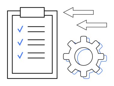 Görev yönetimini, işlem iyileştirmesini ve optimizasyonunu gösteren kontrol işaretleri, dişli ve oklu pano. Organizasyon, verimlilik, iş akışı, strateji işlemleri verimliliği için ideal