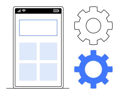 Uygulama ayarlarını, kişiselleştirmeyi ve geliştirmeyi temsil eden iki dişli simgesinin yanında akıllı telefon ekranı. UI tasarımı, uygulama geliştirme, yazılım yönetimi, teknoloji konsepti için ideal