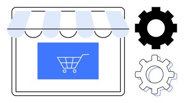 Çizgili güneşlikli bir vitrin, ekran üzerinde alışveriş arabası simgesi ve iki vites simgesi. E-ticaret, perakende, çevrimiçi iş, sistem ayarları, optimizasyon teknolojisi ve dijital çözümler için ideal. A