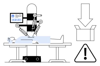 Tıbbi robot hastaya ameliyat yapıyor. Yanında uyarı sembolleri, izleme ekranı, kutu simgesi ve güvenlik göstergesi var. Teknoloji, sağlık, otomasyon, yenilik robotları için ideal