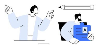 İnsanlar kalem yanında el kol hareketi yapıyor ve bir yapboz parçası tutuyor. Basit bir takım çalışması, işbirliği, içerik planlaması, eğitim, problem çözme, iletişim ve yaratıcılık için ideal