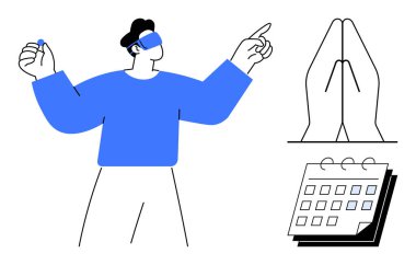 VR kulaklık takan kişi jest kontrolü, dua eden eller sembolü ve takvim özeti ile meşgul. Teknoloji, yenilik, maneviyat, zaman yönetimi, odaklanmak, sanal ilişki planlamak için ideal