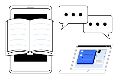 Akıllı telefondan, sohbet baloncuklarından ve yazılım arayüzü olan bir laptop ekranından kitabı aç. E- öğrenim, eğitim, iletişim, teknoloji, çevrimiçi kaynaklar, dijital içerik basit daire