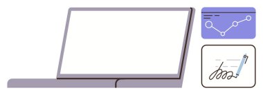 Dijital araçları temsil eden veri analizi grafiği ve imza belge ikonu ile birlikte dizüstü bilgisayarı aç. Teknoloji, iş, uzaktan çalışma, üretkenlik, veri, belge ve iş akışı için ideal