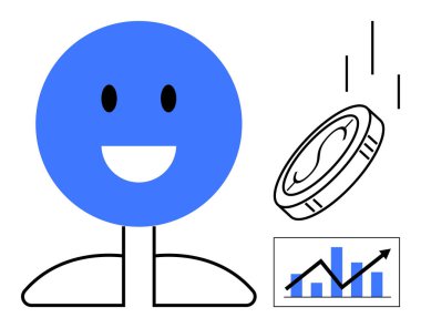 Madeni para ve yukarı doğru grafikteki mavi mutlu yüz finansal başarıyı, büyümeyi ve ilerlemeyi gösteriyor. İş, yatırım, ekonomi, kar, girişimcilik başarı motivasyonu için idealdir. Basit düz