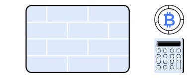 Tuğla duvar güvenliği, Bitcoin simgesi kripto para birimini ve finansal araçları temsil eden hesap makinesini temsil ediyor. Engelleme zinciri, kripto para birimi, fintech, finansal güvenlik ve teknoloji için ideal
