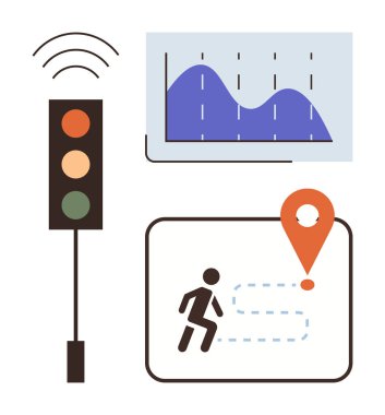Trafik ışığı, veri tablosu ve yol işareti ve yürüyen figürlü konum haritası. Teknoloji, navigasyon, ulaşım, veri analizi, iş büyümesi, kentsel planlama için ideal basit bir daire
