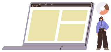 Uyumlu web sitesi tasarım blokları, günlük kıyafet giymiş iş kadını ve pasta grafiği içeren dizüstü bilgisayar ekranı. UIUX tasarımı, web gelişimi, takım çalışması, e-öğrenme, yaratıcılık, analitik yenilik için ideal