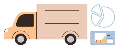 Pasta grafiğinin yanında teslimat kamyonu ve büyüme grafiği olan analitik ekran. Lojistik, iş analizi, tedarik zinciri, nakliye, ulaşım stratejileri, veri güdümlü içgörüler için ideal