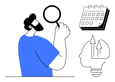 Sakallı adam ayrıntıları büyüteçle inceler, takvimin yanında ve kafa şeklindeki ampulle. Odaklanma, planlama, araştırma, üretkenlik, problem çözme, zaman yönetimi, basit daire