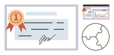 Kurdeleli ödül, veri analiz grafiği ve başarı, tanınma ve takım çalışmasını gösteren yapboz parçası. Eğitim, iş stratejisi, işbirliği, sertifika analitik liderliği için ideal