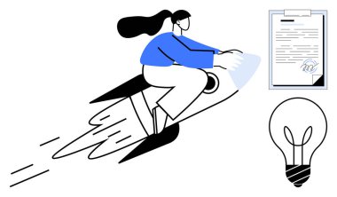 İlerlemeyi temsil eden bir kadın, anlaşmalar için belgeyle pano, fikirler için ampul. Başlangıç büyümesi, yenilik, liderlik, yaratıcılık, girişimcilik, anlaşmalar için ideal