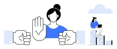 Kadın, tartışmalar arasında arabuluculuk yapmak için elini kaldırıyor. Rakamlar karşı karşıya geliyor. Dizüstü bilgisayarda çalışan sakin bir birey. Takım çalışması, çatışma çözümü, liderlik, denge ve müzakere için ideal