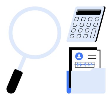 Detaylı analiz, değerlendirme ya da inceleme için dosya içeren büyüteç, hesap makinesi ve klasör. Araştırma, finans, denetleme, soruşturma, sağlık hizmetleri karar verme ve stratejisi için ideal
