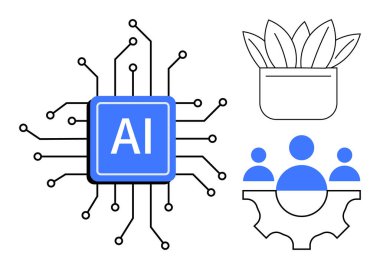 Devreli yapay zeka çipi, ekipman ile birleştirilmiş takım çalışması sembolleri ve saksıda bir bitki. Teknoloji, takım çalışması, yenilik, sürdürülebilirlik, büyüme işbirliği için ideal. Basit düz metafor