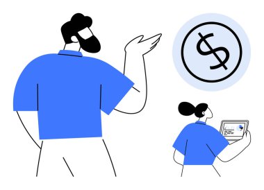 Tartışmada iki kişi ve bir dolar işareti, takım çalışması, finans, planlama, teknoloji, karar verme, tasarruf ve ekonomik fikirleri vurguluyor. İş veya iletişim temaları için ideal