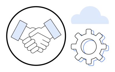 Çemberin içinde el sıkışma, teçhizat ve bulut işbirliği, takım çalışması, yenilik, otomasyon, bulut hesaplama, ortaklık ve dijital dönüşümü simgeler. Ticari sinerji teknolojisi için ideal.