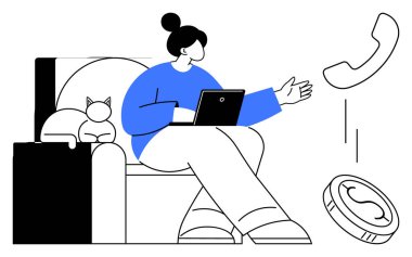 Dizüstü bilgisayarı olan bir kadın kanepede otururken el kol hareketi yapıyor, yanında kedi, telefon çalıyor. Uzaktan çalışma, iş-yaşam dengesi, dikkat dağınıklığı, ev hayatı, teknoloji, kişisel bakım sade daire için ideal