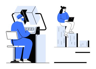 İş yerinde daktilo eden bir erkek, dizüstü bilgisayarla çizelge barında oturan bir kadın. Takım çalışması için ideal, kariyer, büyüme, ilerleme, odaklanma, yenilik uzaktan çalışma. Minimalist düz metafor