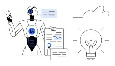 Raporları paylaşırken insansı robot hareketi, grafikler ampuller fikirleri ve yenilikleri simgeler, dijital veriler için bulut. AI, yenilik, yaratıcılık, teknoloji, analitik ve eğitim için ideal minimum