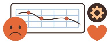 Dağılmış noktalı negatif trend grafiği, turuncu üzgün yüz, çözümler için vites, kalp darbesini sembolize ediyor. İş için ideal, veri analizleri, düşüş, performans, duygu çözümleri duyarlılığı