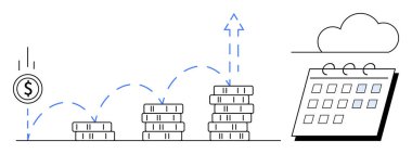 Yükselen paralar, yükselen oklar ve takvimler artan gelir, yatırım getirileri, tasarruf hedefleri ve zaman çizelgelerini temsil ediyor. Finans, planlama, büyüme, hedefler, yatırım parası için ideal