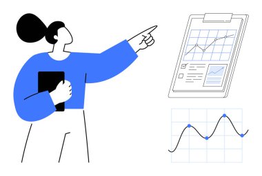 Elinde tablet bulunan kişi, trendleri, çizgileri ve ölçümleri gösteren tabletlere işaret ediyor. Veri analizi, ilerleme izleme, eğitim, iş planlaması, istatistik, büyüme stratejisi için ideal