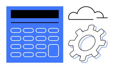 Bir dişli mavi hesap makinesi ve hesaplamayı, teknolojiyi ve bulut tabanlı sistemleri temsil eden bir bulut çizgisi. Teknoloji, üretkenlik, otomasyon, veri analizi, bulut hesaplaması, yenilik için ideal