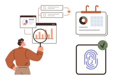 Veri tablolarını, görev listelerini, takvimi ve parmak izini analiz eden kişi üretkenlik, planlama, zamanlama, teknoloji, güvenlik veri analizi kişisel yönetim. Basit düz metafor için ideal