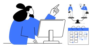 Masadaki kadın ekranı işaret ediyor, çalışanların dengeleme becerileriyle ölçeklendiriyor, takvim ayarlıyor. Yönetim, takım çalışması, karar verme, planlama, liderlik, askere alma zamanı yönetimi için ideal
