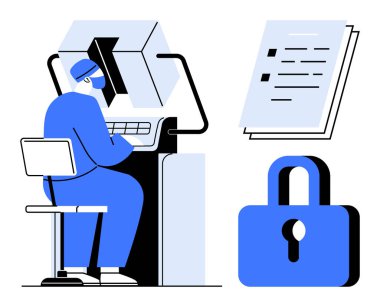 Bilgisayarda masa başı yazma, bilgi sunan dosyalar yığını, güvenliği simgeleyen büyük kilit. Veri güvenliği, gizlilik, teknoloji, siber savunma ve bilişim çözümleri için ideal